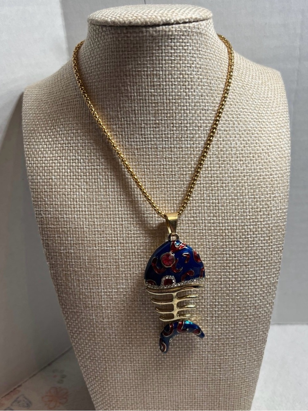 Betsey Johnson Gold-Tone Fish Skeleton Necklace with Blue & Red Enamel